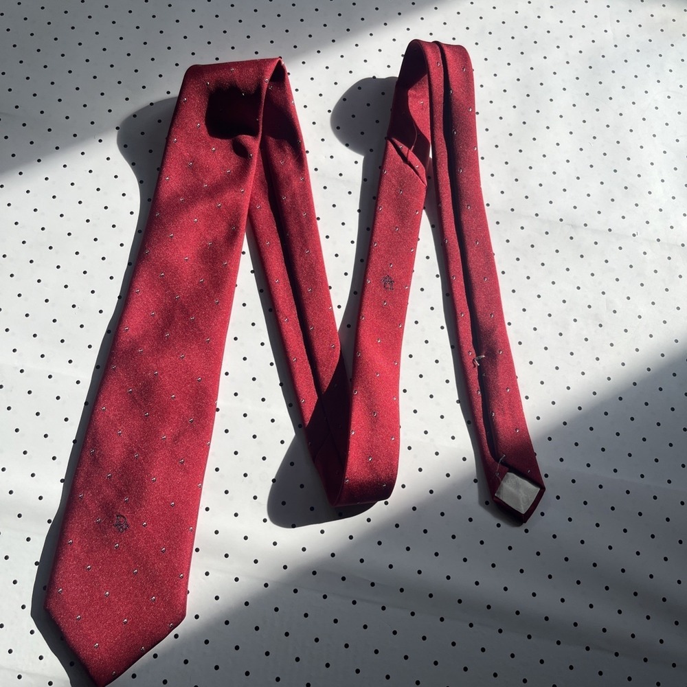 Vintage Christian Dior Red Burgundy Micro Dot Logo Crest Necktie Italy
